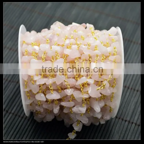 LFD-001C ~ Wholesale Gold Plated Wire Wrapped Freeform Rose Quartz Chips Chain Gem Stone Beaded Chain Jewelry Findings photo-2