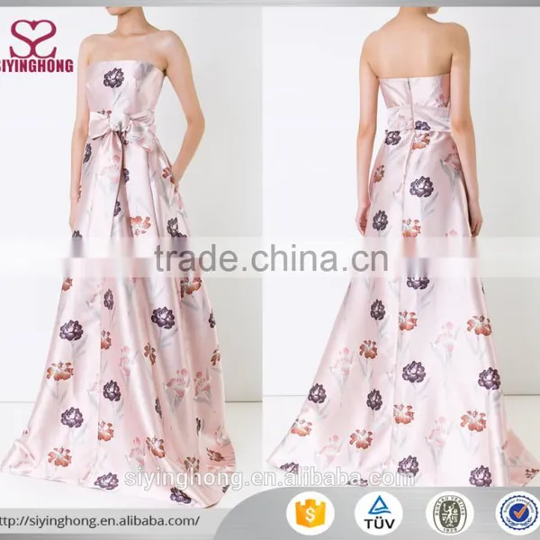 Latest Evening Gown Design Chest Wrapped and Bowknot in the Waist Pink Floral Print Gown