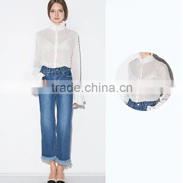 Lady's Long Sleeve Stand Collar Transparent Chiffon Blouse photo-2