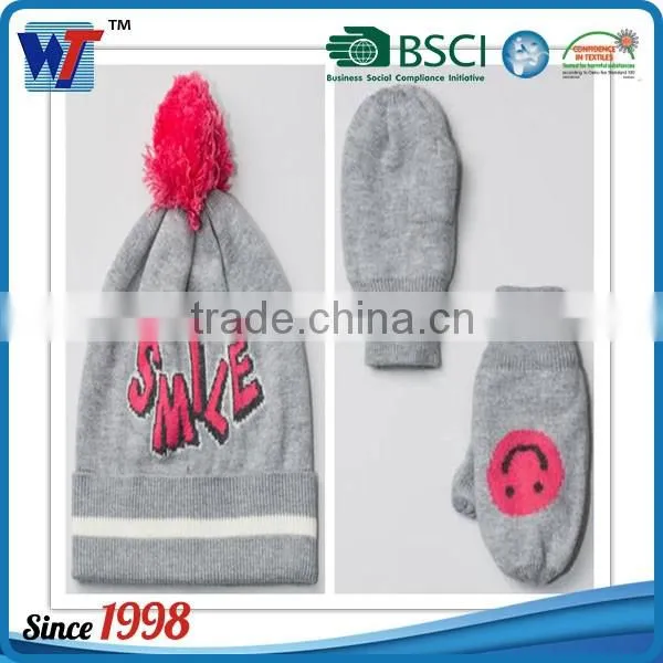 100 Acrylic Thick Knit Beanie Cap and Golves Set Smile Beanie Hat