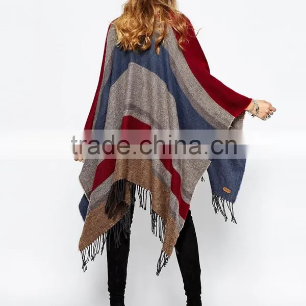 Elegant Striped Design Poncho With Fringe Western Women Tassel Trim Poncho photo-2