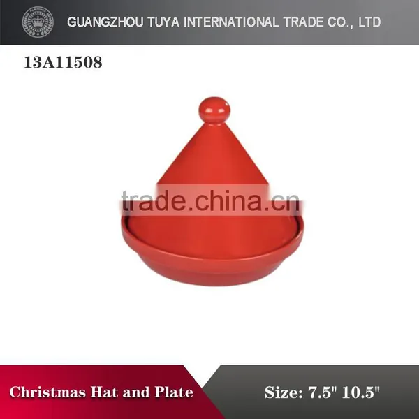 Chrismas Hat Shape Lid & Plate Color Glaze Porcelain Palate photo-3
