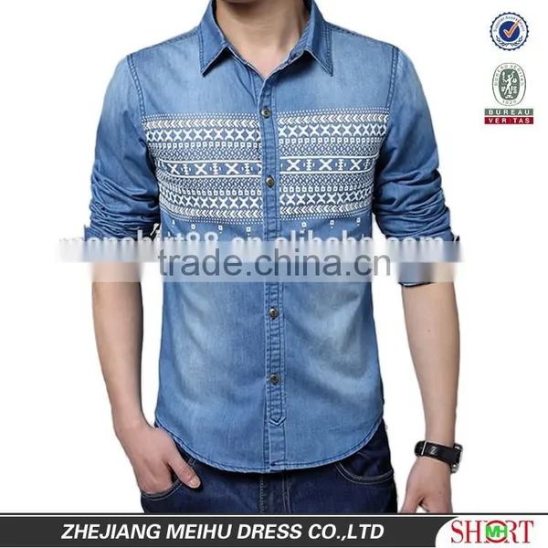 2016 New Design Men Printed Washed Denim Casual Shirt , Cowboy Shirt photo-2