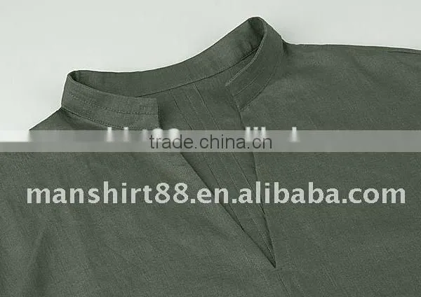 Man's Latest V-neck Linen Army Green Casual Shirt photo-2