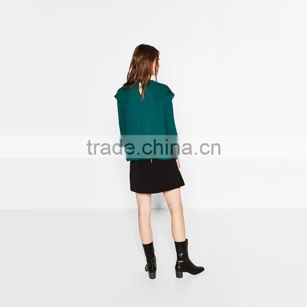 Emboridered Bottle Green Long Sleeve Chiffon Women Loose Shirts photo-6