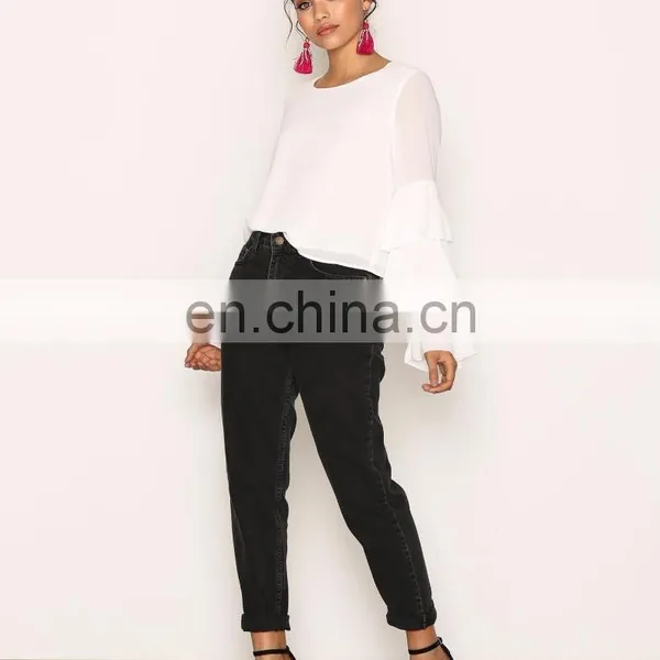 2018 Early Spring Long Flare Sleeve Chiffon Fashion Wholesale Ladies Frill Sleeve Blouse Designs photo-3