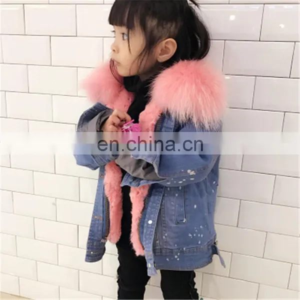 Fashion Casual Denim Jacket Raccoon Fur Collar Real Rabbit Fur Lining Cute Child Coat photo-6