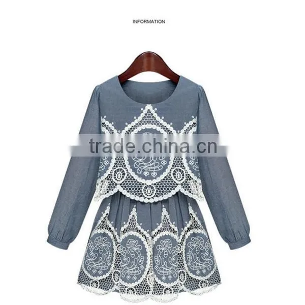 2015 Fashion High Quality New Arrival Hot Sale New Ladies Denim Hollow Out Dress Crochet Lace Pattern Denim Dress photo-5