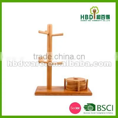 Classical Bamboo Wood Mug Tree With Coaster Set photo-3