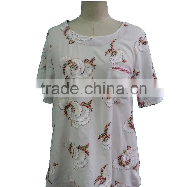 Floral Hand Embroidery Designs Round Collar Short Sleeve With Front Pocket Blouse Tunic Dress