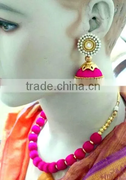 Stylish Necklace Set Wholesale,Silk Thread Necklace and Earring Handcrafted Set India photo-2