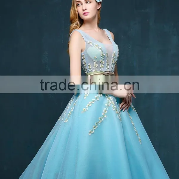 MGOO New Coming Popular Pageant Dress For Women Sky Blue Sheer V Neck Embroidery Floral Dress Evening Long 2260 photo-3