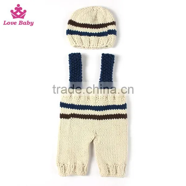 2pcs Set Baby Photography Prop Crochet Knit Boy Stripe Hat Pants Overalls photo-2