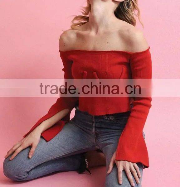 Runwaylover 125 Europe Style 2017 Ladies Sexy Off-Shoulder Knitted Flare Sleeve Blouse photo-4