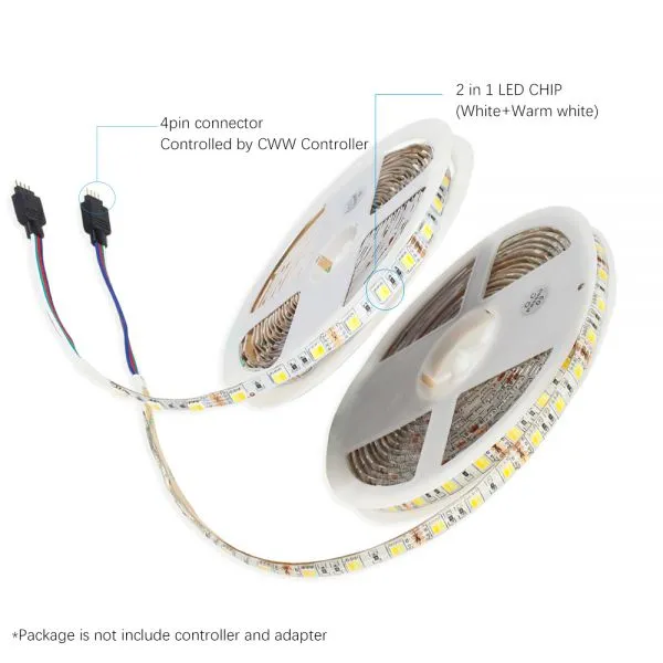 DC12V CCT LED Strip 5050 60LEDs/m,5M/lot IP20 / IP65 Color Temperature Adjustable 2 IN 1 White+Warm White CWW LED Strip photo-2