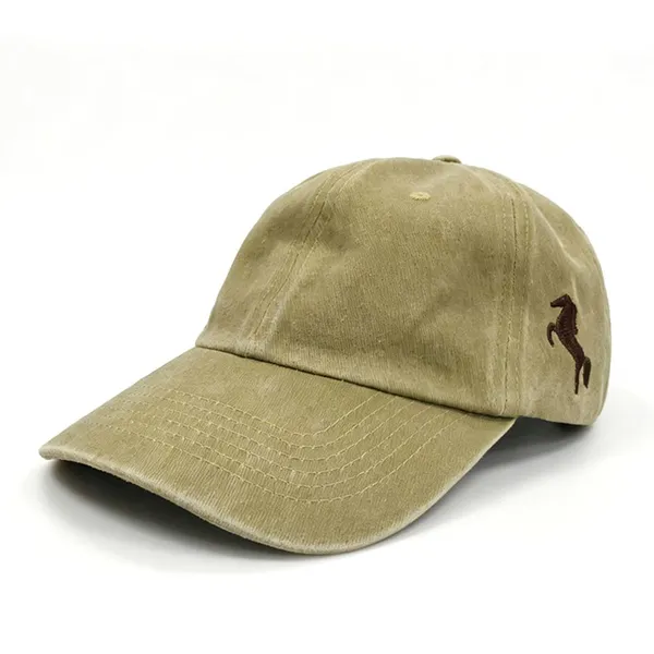 Factory Price Custom 6 Panel Washed Hat Low MOQ Khaki Side Horse Embroidery Sport Cap photo-3