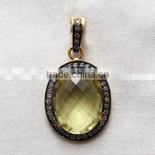 Vintage Lemon Quartz & CZ 925 Sterling Silver Pendant, Gemstone Silver Jewelry, Handmade Silver Jewelry photo-6