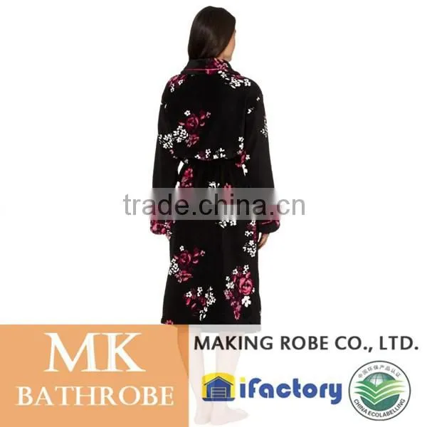 Black Floral Microfiber Fleece Dressing Gown photo-2