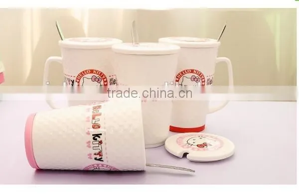 New Creative Hello Kitty Office Relief Ceramic Mug With Lid and Spoon photo-6
