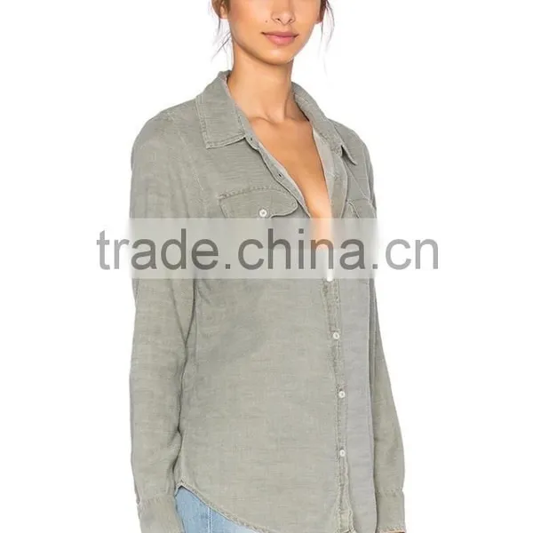 New Style Autumn Women Army Olive Grey Twill Shirt Factory Price photo-2