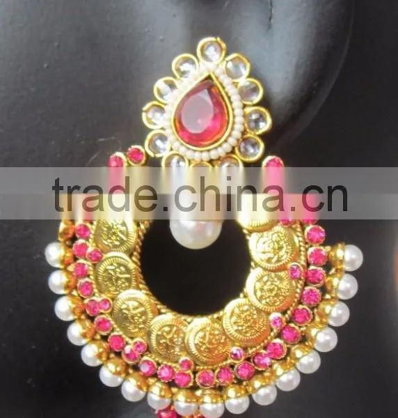 Pinl Dangler Gold Tone Coin Dangler POLKI EARRINGS photo-3