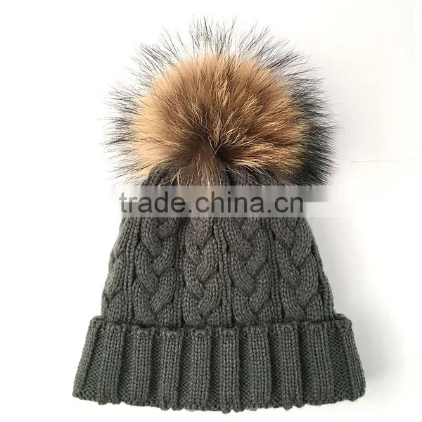 Myfur Removable Raccoon Fur Pom Pom Fashion Adult Wool Knit Hat photo-2