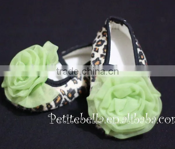 Leopard Print Shoes With Lime Green Rosettes Pettishoes Crib Shoes MAS21