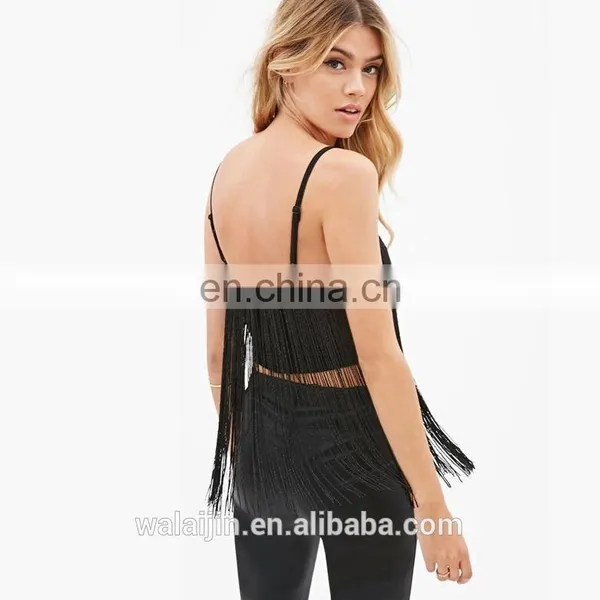 Strap Design Sex Woman Fringe Top Black Sexy Tops, Tassel Cloth photo-2