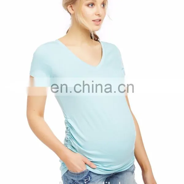Women Plain V-Neck Side Ruched Maternity Pregnancy Clothing Tops photo-2