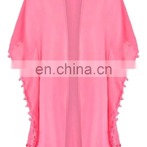 SOLID POM POM TRIM KIMONO Latest Beach Kimono Soft Polyester Fabric Embroidered Kimono photo-2