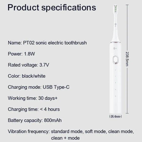 Infly PT02 White & Black Sonic Electric Toothbrush photo-5