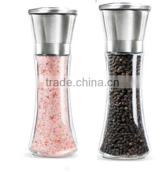 High Quality Brushed Stainless Steel Salt and Pepper Grinder Set- With Glass Bottle Salt and Pepper Shakers photo-4