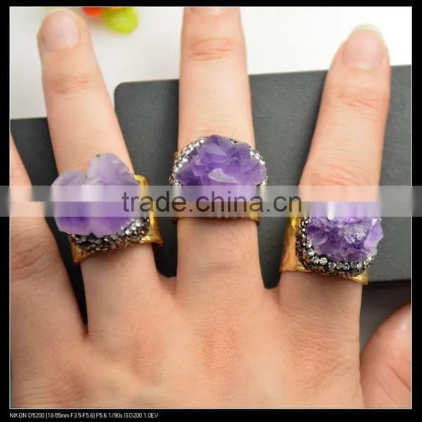 LFD-0016R ~Fashion Jewelry Gold Plated Nature Amethyst Quartz Rings, Crystal Rhinestone Paved Gems Druzy Ring Adjustable Size photo-2