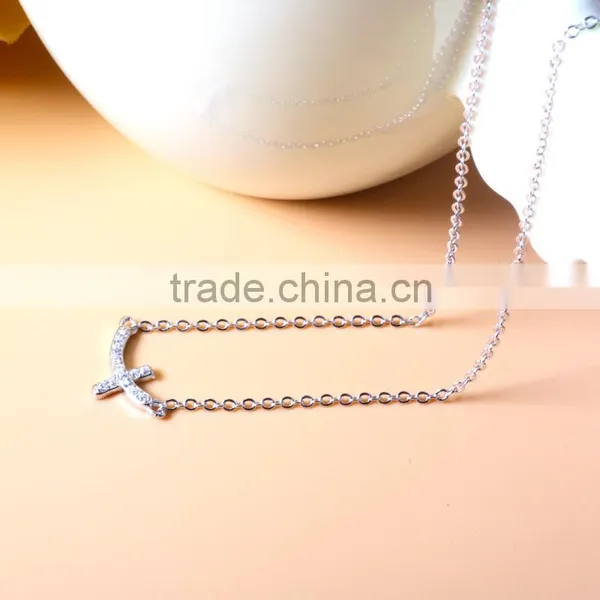 925 Sterling Silver Full CZ Sideways Curved Cross Charm Necklace photo-3