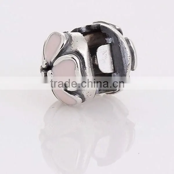 100% 925 Sterling Silver Pink Cherry Blossom Enamel Clip Charm Bead photo-2
