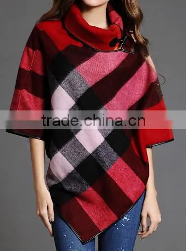 Fashion Lady Turtle Neck Jacquard Knitted Pullover Poncho With Horn Button