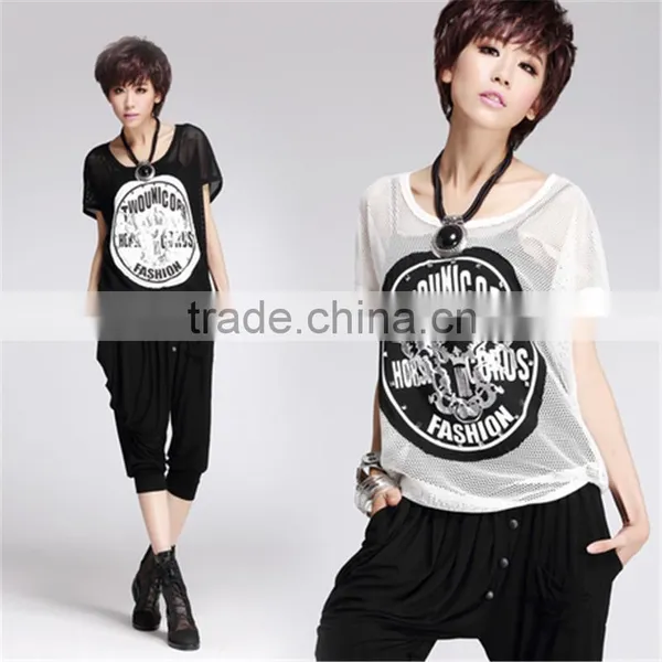 Fashion Womens Mesh Loose Blouse Tops Delicate Print Short Sleeve Summer Tee Shirts Tshirts
