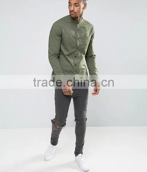Long Sleeve Chest Pocket Grandad Collar Mens Pre-Shrunk 97% Cotton 3% Elastane Breathable Skinny Fit Casual Green Point Shirts photo-4