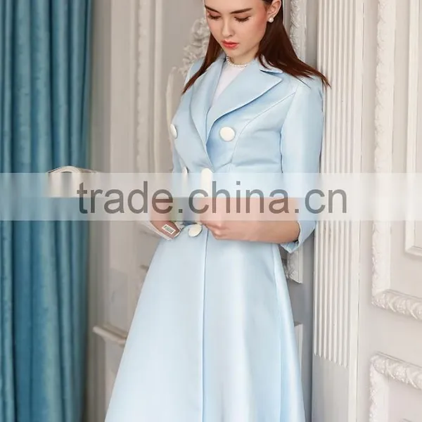 Classic Elegant Ladies Pinched Waist Solid Color Double Breasted Long Windbreaker Wind Coat photo-2