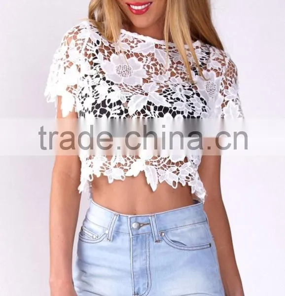100% Polyester Short Sleeve Round Neck Crop Top,elegant Fashion Lace Top photo-6