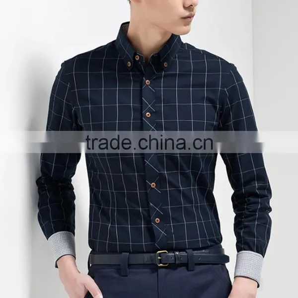 2016 Navy Blue Men Button Down Plaid Slim Fit Casual Shirt photo-2