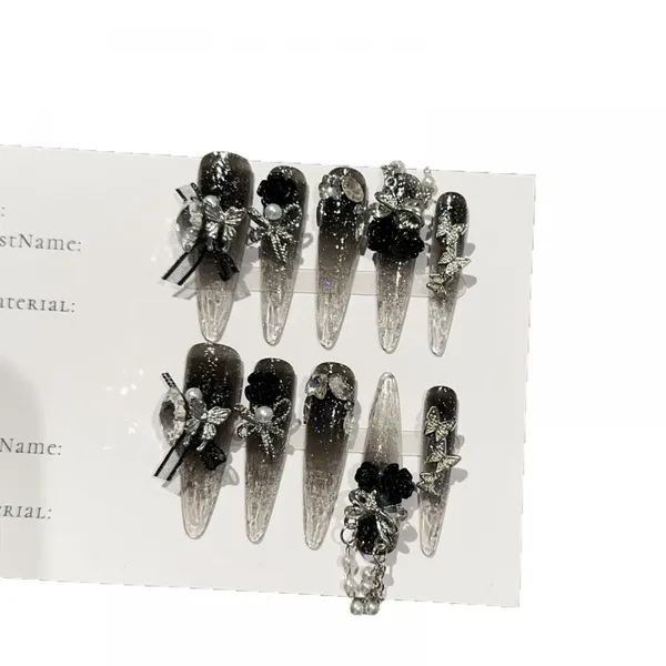 High-End Press-On Almond Nails Heavy Diamond Decoration Dark Bow Black Red Color Matching for Finger photo-4