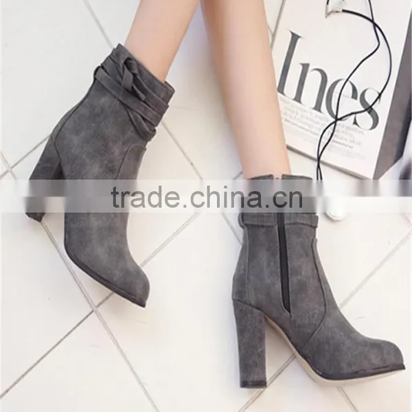 New Arrival High Heel Ladies Suede Ankle Gray European Button Ankle Boots Shoes photo-3
