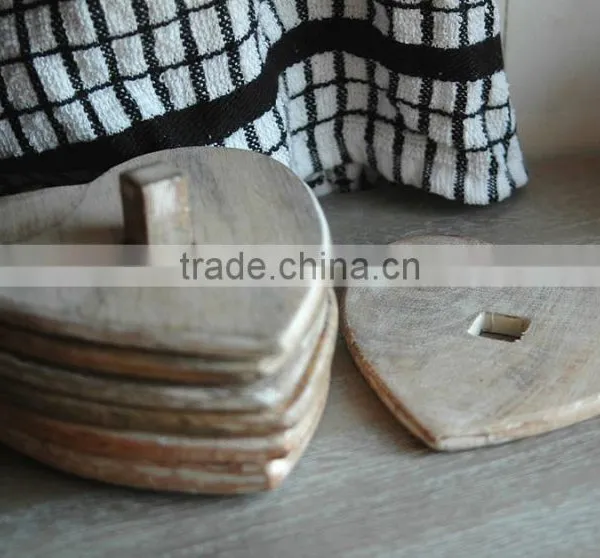 Original Heart Shape Wooden Coaster Solid Wooden Vintage Look Cup Mats Set With Holder Coffee Cap Coaster Washed Look Placement photo-2