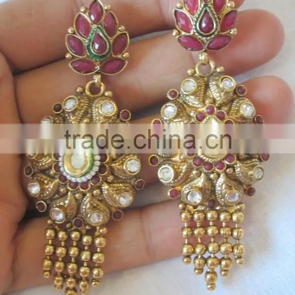 GOLD Plated Polki Kundan Long Necklace EARRING Set photo-4