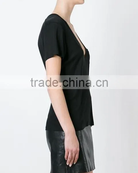 Custom Womens V Neck Blank Plain T Shirts,Pure Black Cotton V Neck T-Shirts For Women photo-4