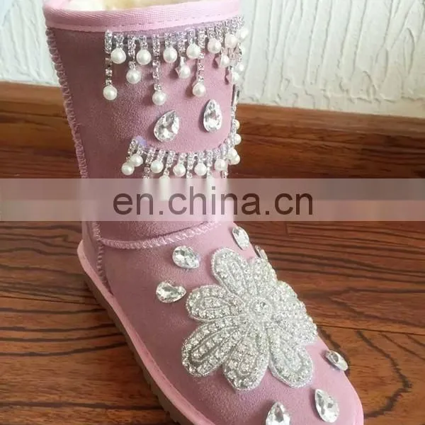 Aidocrystal Boot Women Shoes 2017 New Hot Rhinestone Pearl Warm Fur Half Snow Winter Boots Size 12 photo-6