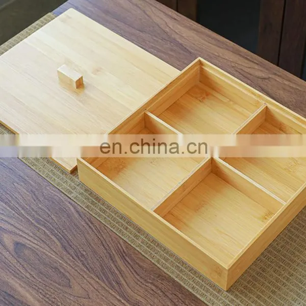 Wooden Tea Tray Snack Container Bamboo Square Table Top Multi Partition Storage Box With Lid photo-3