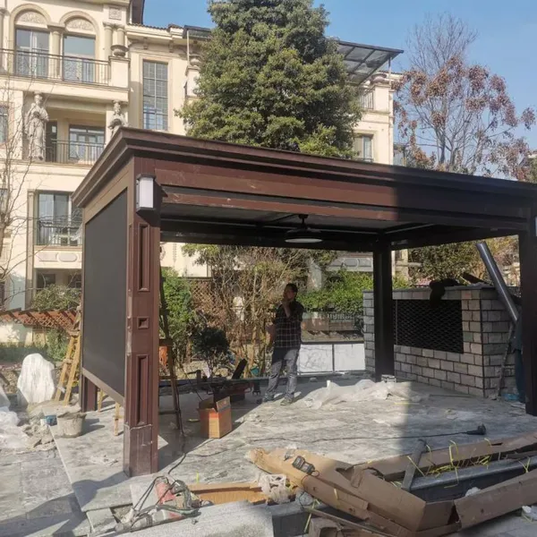 Wood Grain Aluminum Louvered Pergola with LED Column Lights, Modern Outdoor Patio Gazebo for Villa Backyard & Garden