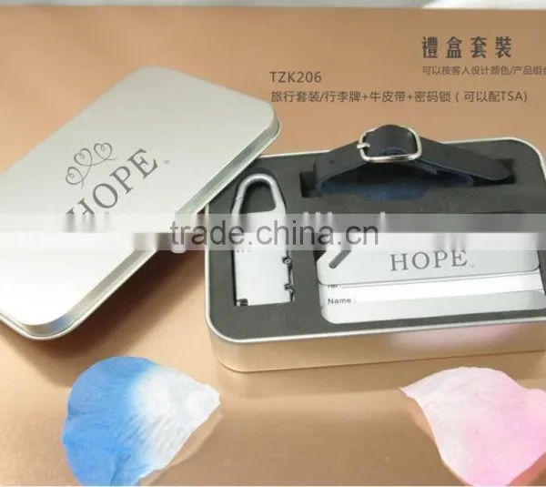 Luggage tag with leather strap and coded lock in metal gift box/Memorial Gifts